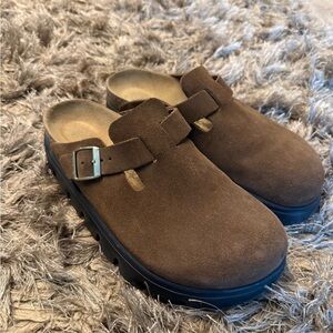 Birkenstock Brown Suede Clog Mule with Buckle